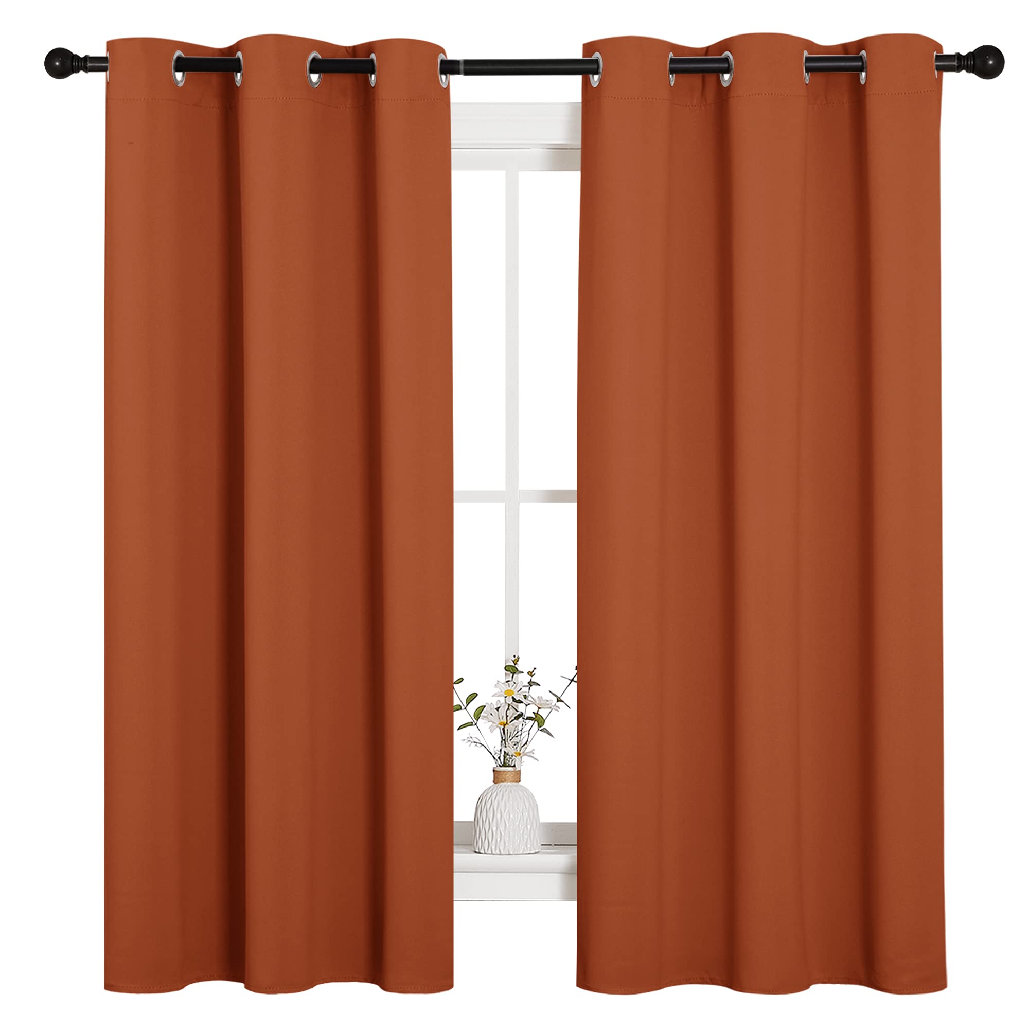 NICETOWN burnt orange curtains in a modern bedroom setup, 42x63.