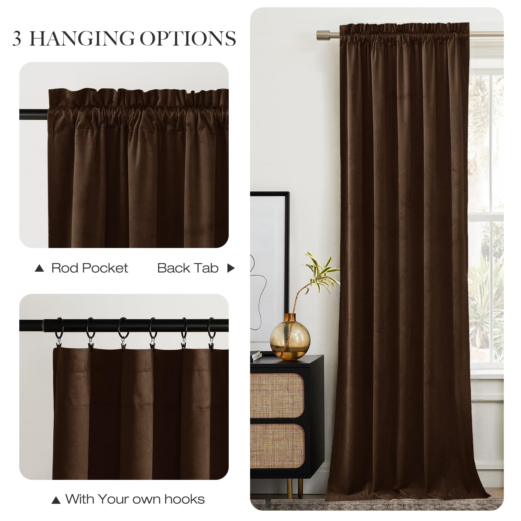 NICETOWN dual-pocket velvet curtains fit standard rods easily.