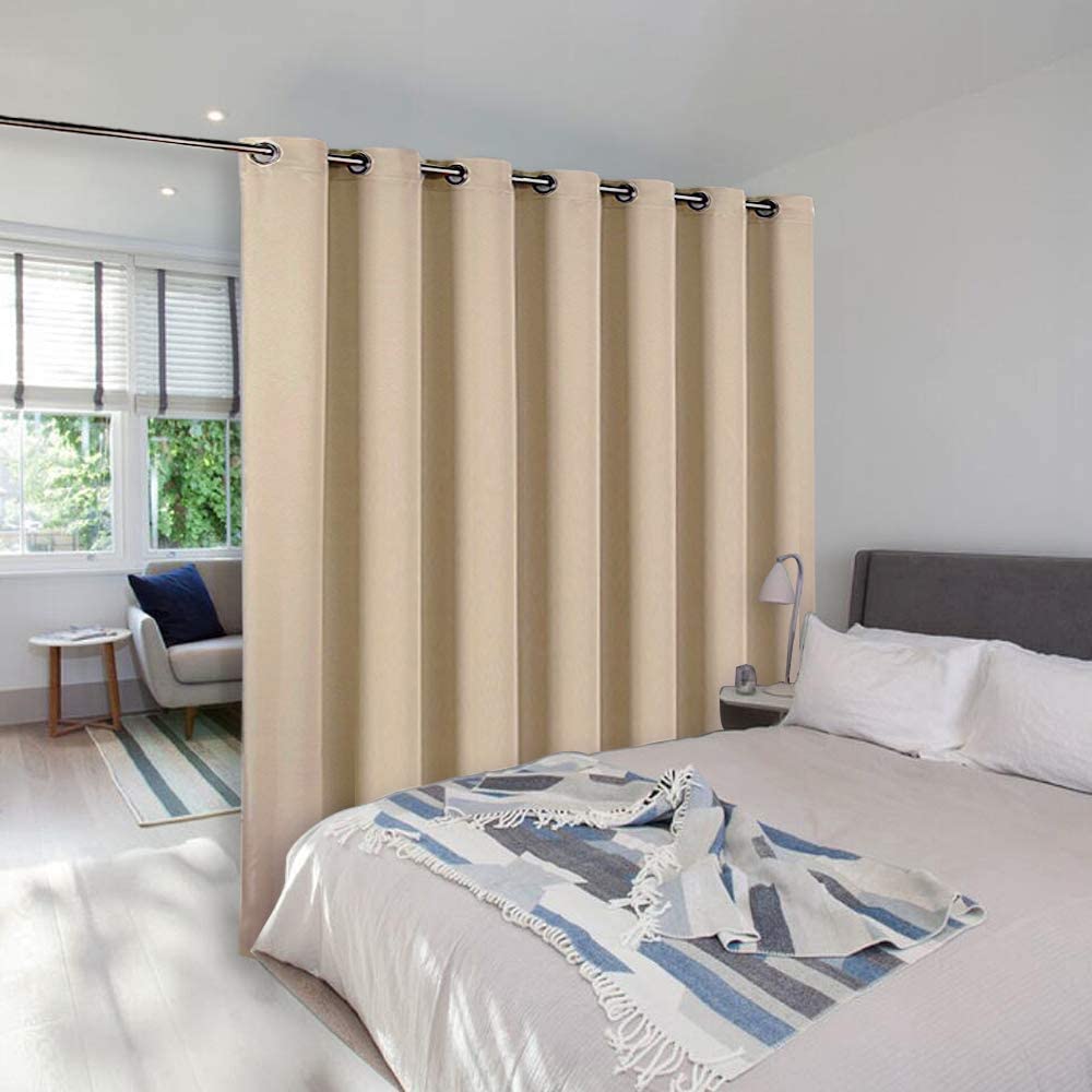 NICETOWN guestroom styling with biscotti-beige drapes on display.