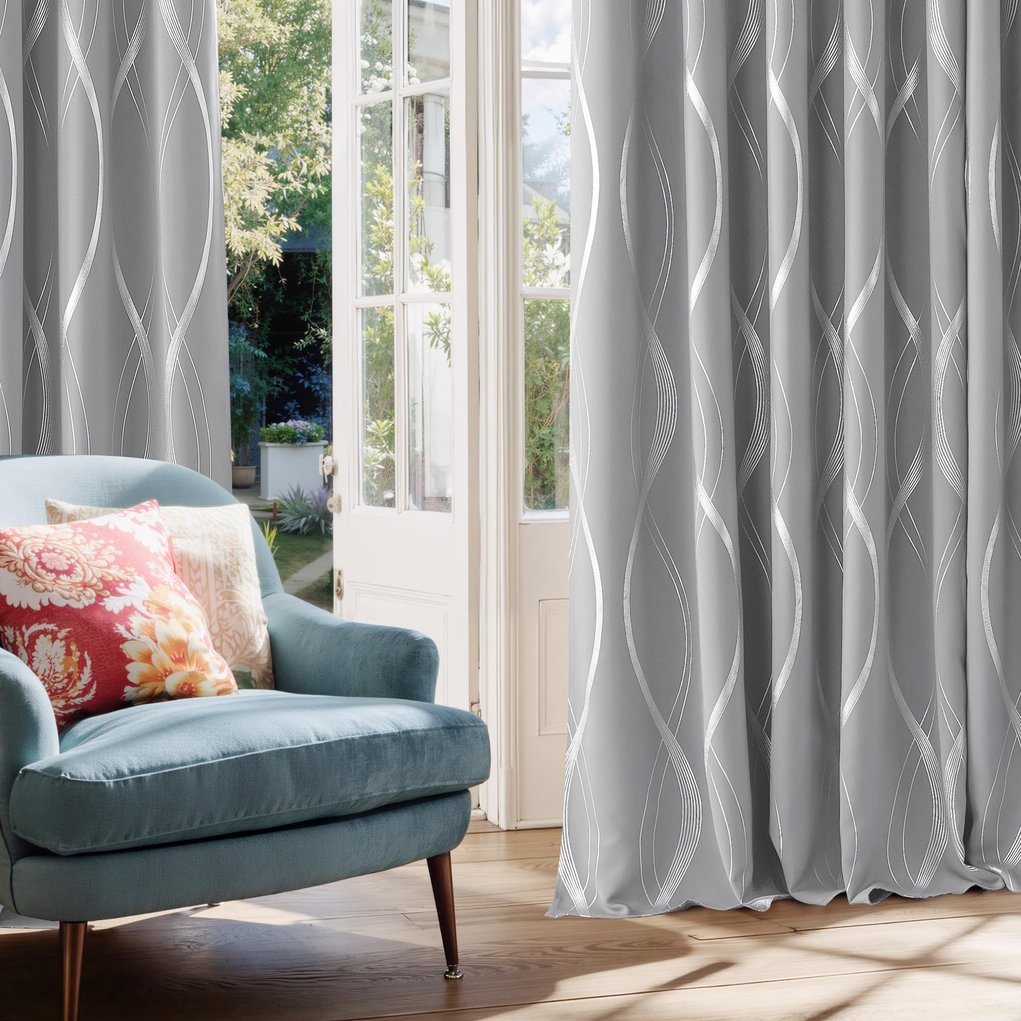 NICETOWN foil-printed silver wave-lines curtains add modern elegance and glare reduction.