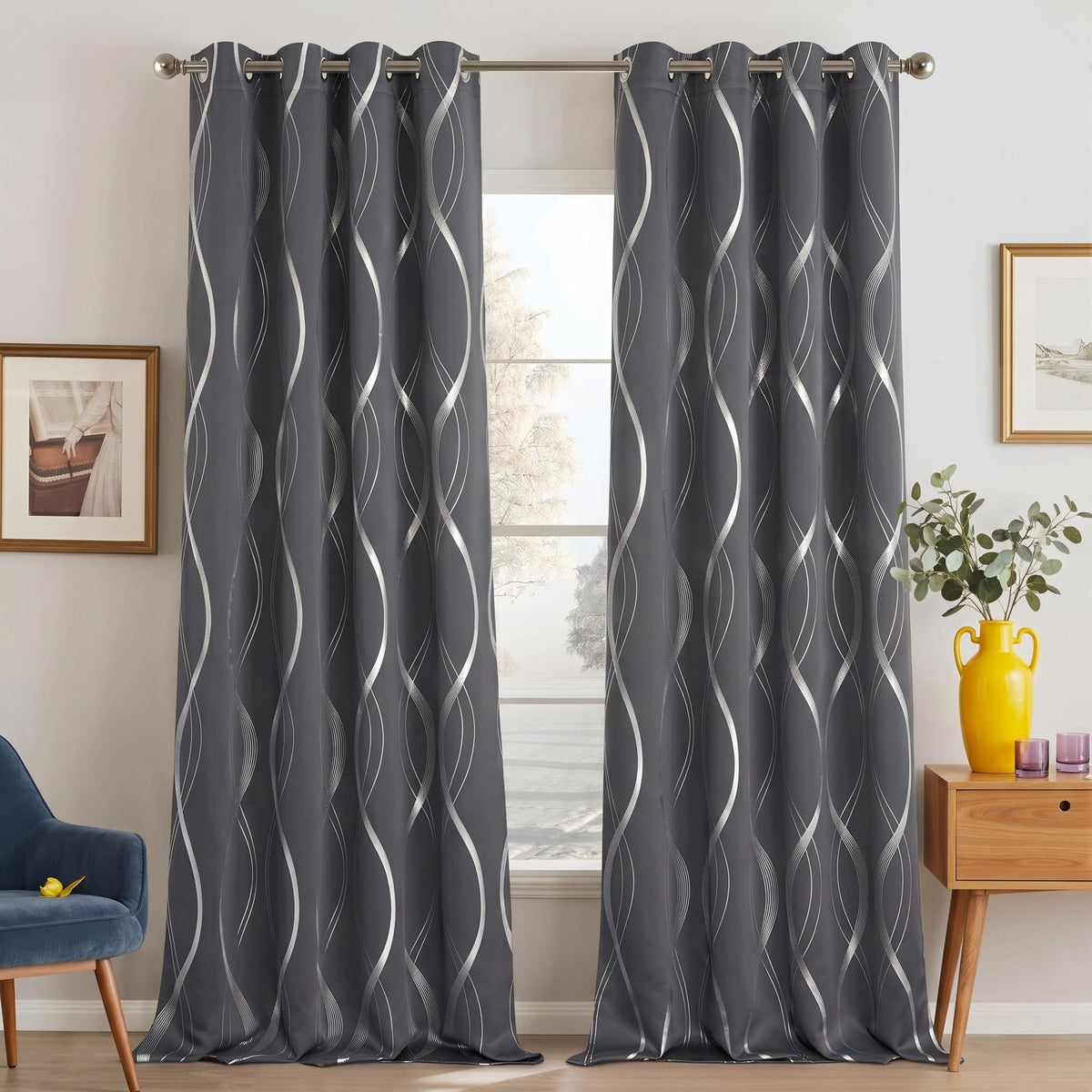 NICETOWN grey blackout curtains featuring a silver striped wave pattern for living room privacy.