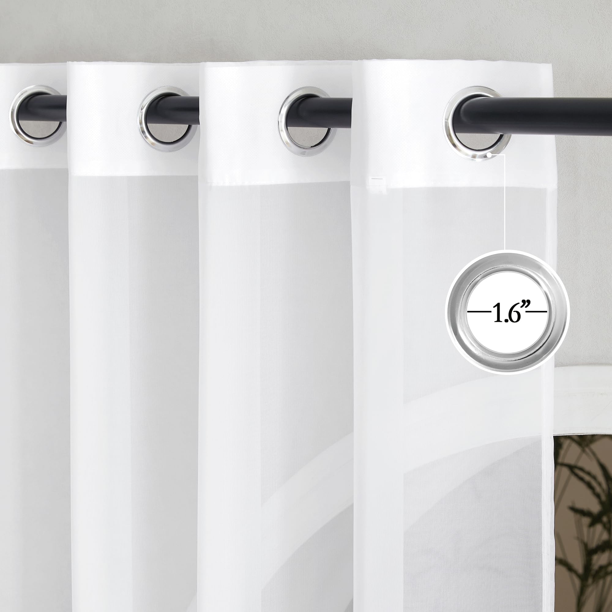 NICETOWN grommet header sheer curtain closeup highlights easy sliding and modern style.