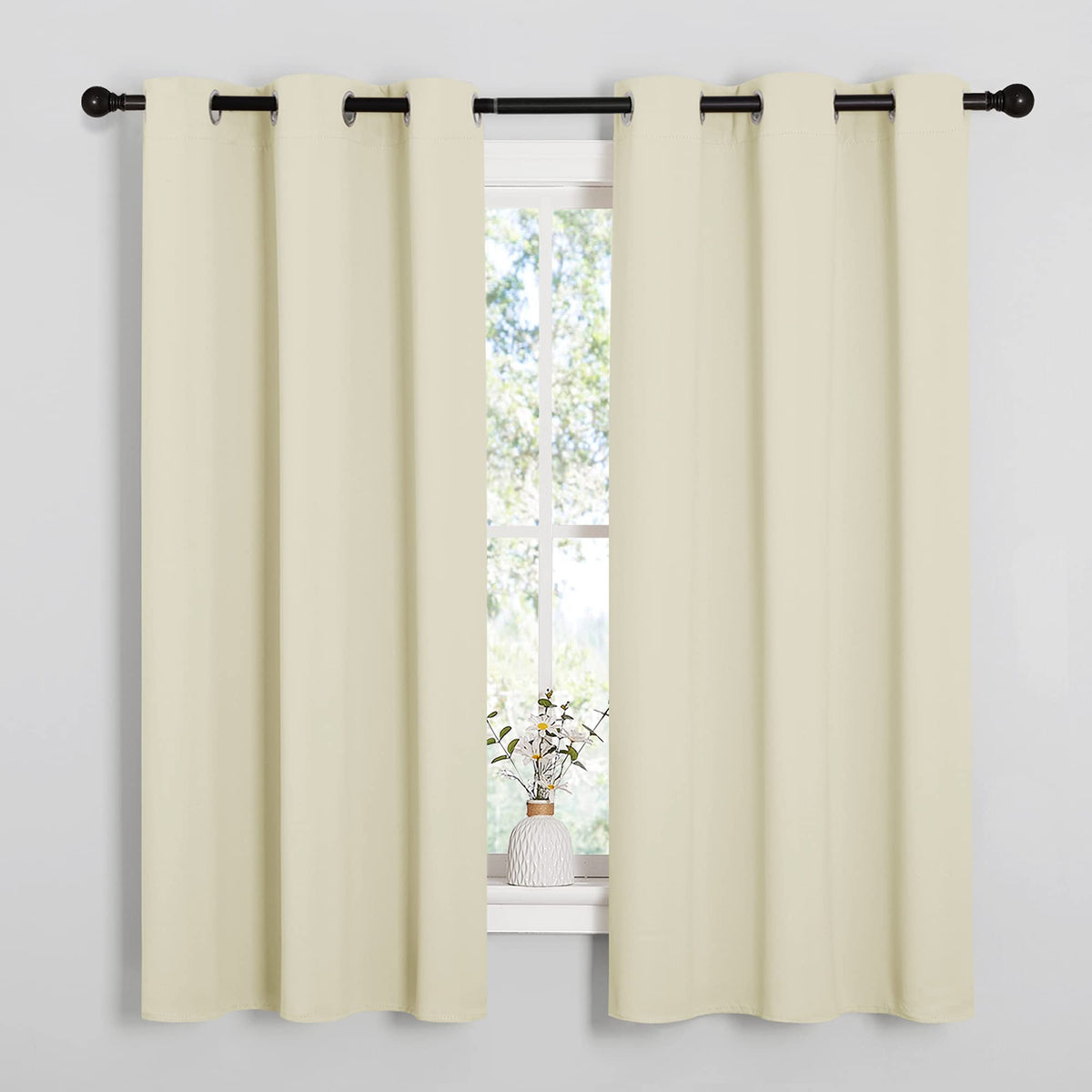 NICETOWN beige blackout panels, front view, room-darkening and stylish.