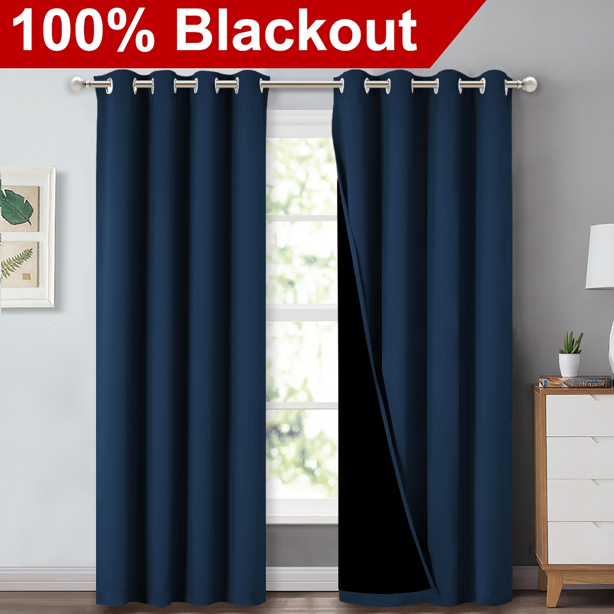 NICETOWN Moroccan Blue full shade curtain panel right view highlighting blackout