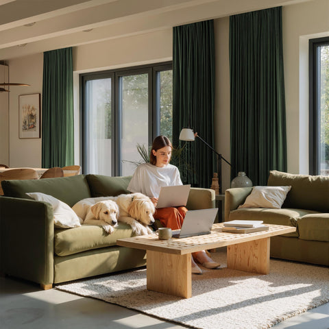 NICETOWN olive green velvet blackout curtains with back tab hanging for versatile styles.