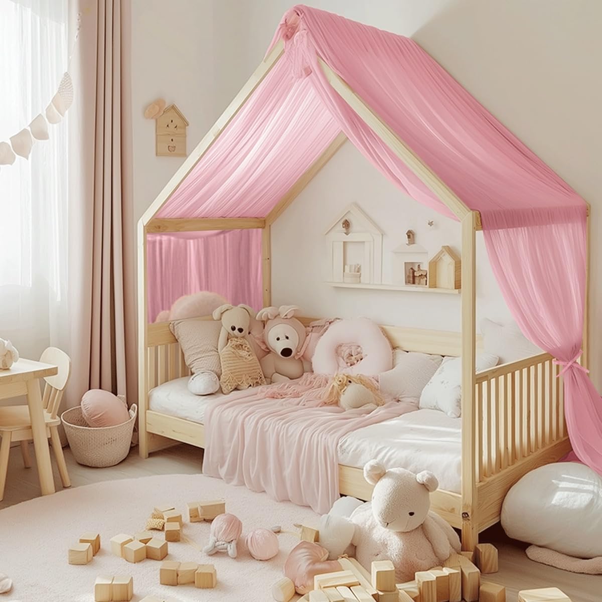 NICETOWN pink bed canopy in nursery softly frames bedtime, creating a cozy sleeping nook