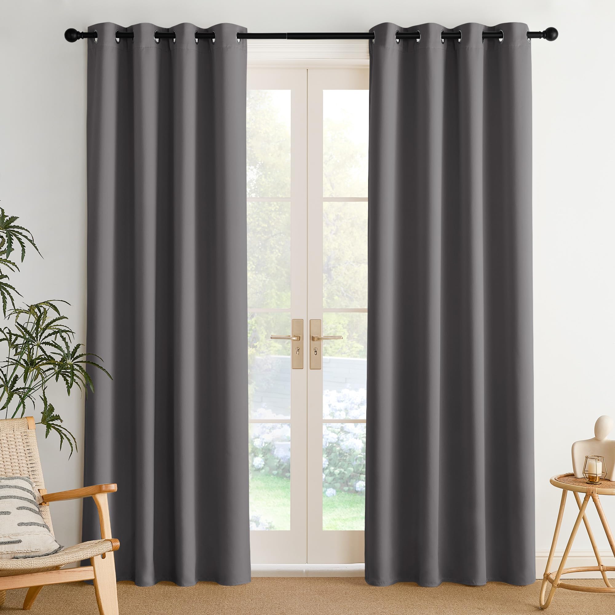 NICETOWN room darkening panels in grey, front view, offer enhanced privacy and light control.