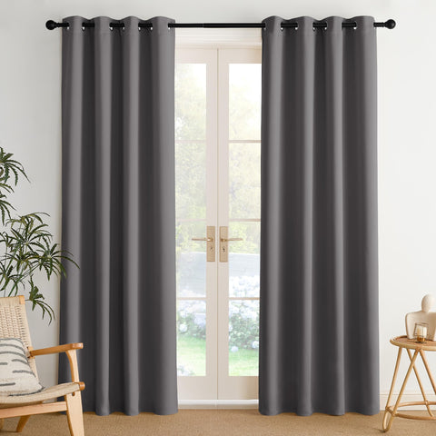 NICETOWN room darkening panels in grey, front view, offer enhanced privacy and light control.