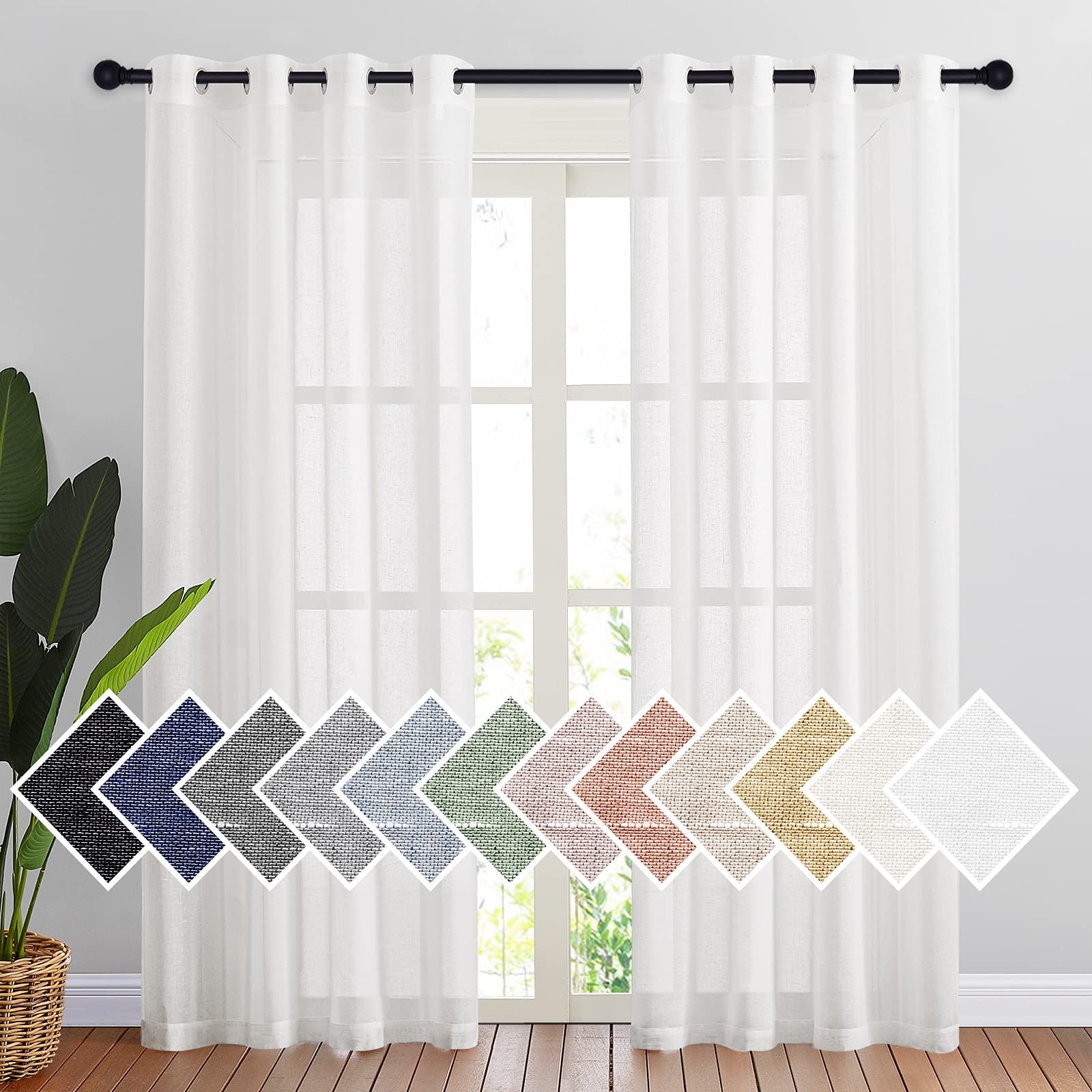 NICETOWN semi-sheer linen curtains with flax texture and ivory grommet panel for light filtering.