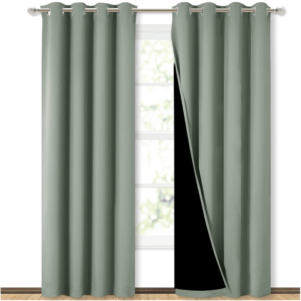 NICETOWN two-panel blackout curtains in greyish green, 52w x 84l for full light blocking