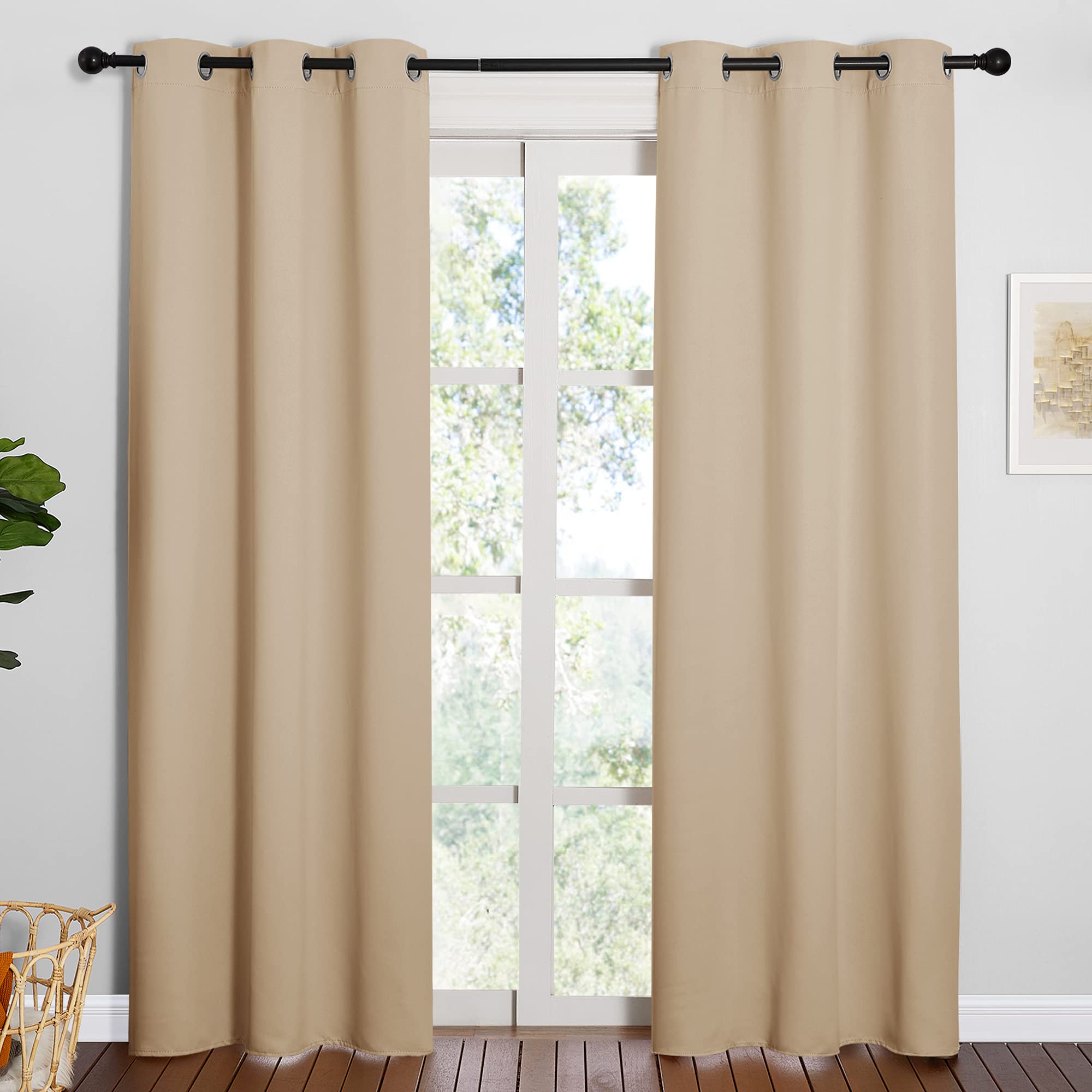 Nicetown two-panel blackout curtains in biscotti provide nighttime light control.