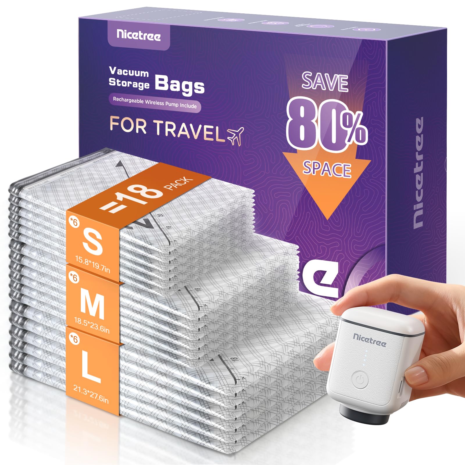 Nicetree 18-pack vacuum bags for clutter-free storage with visible contents.