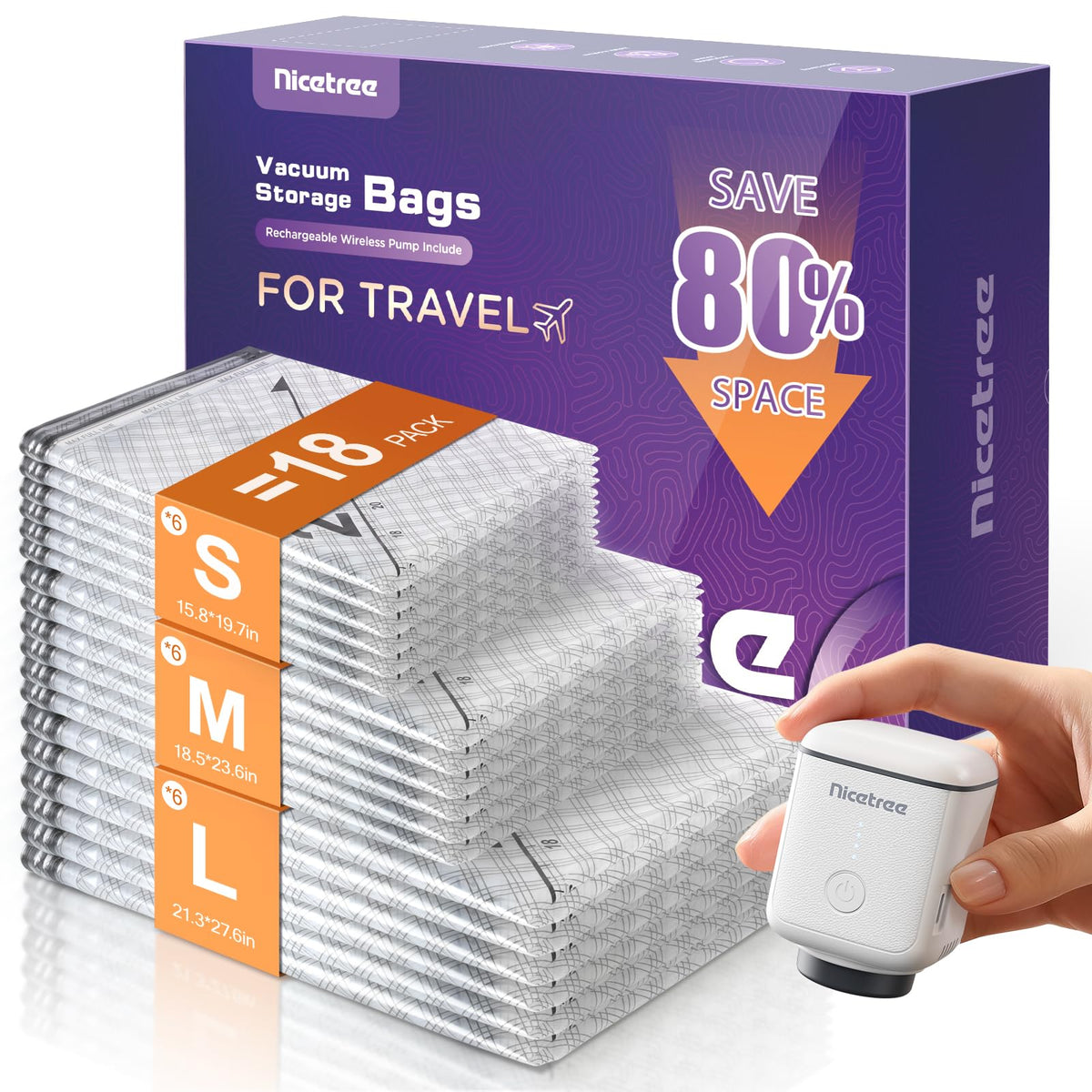 Nicetree 18-pack vacuum bags for clutter-free storage with visible contents.