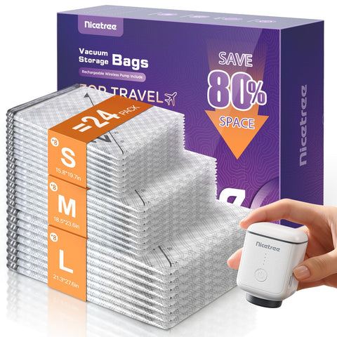 Nicetree vacuum bags 20-inch pack demonstrates space-saving travel organization.