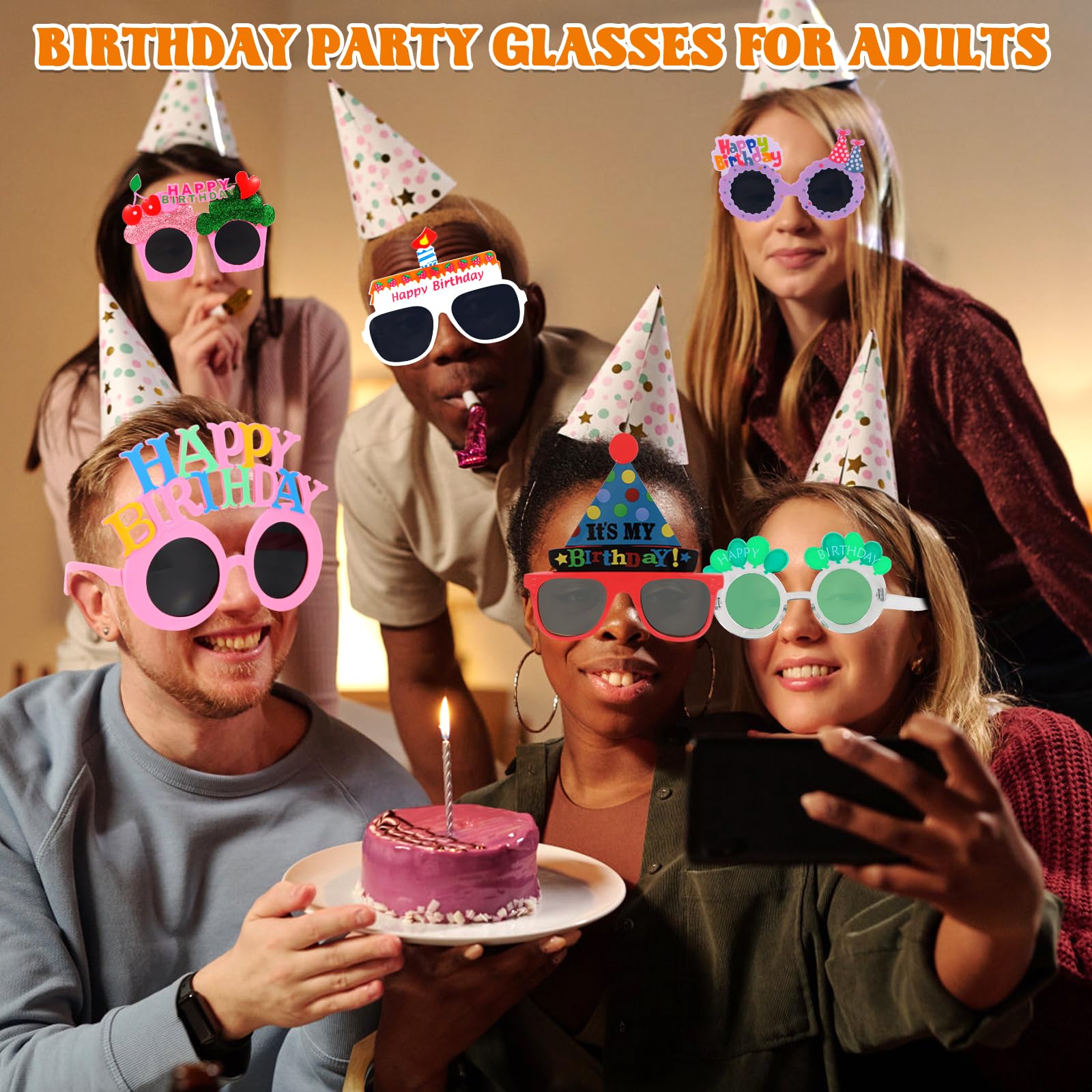 NICOWARM birthday glasses heart cream design, adds whimsy to selfies.