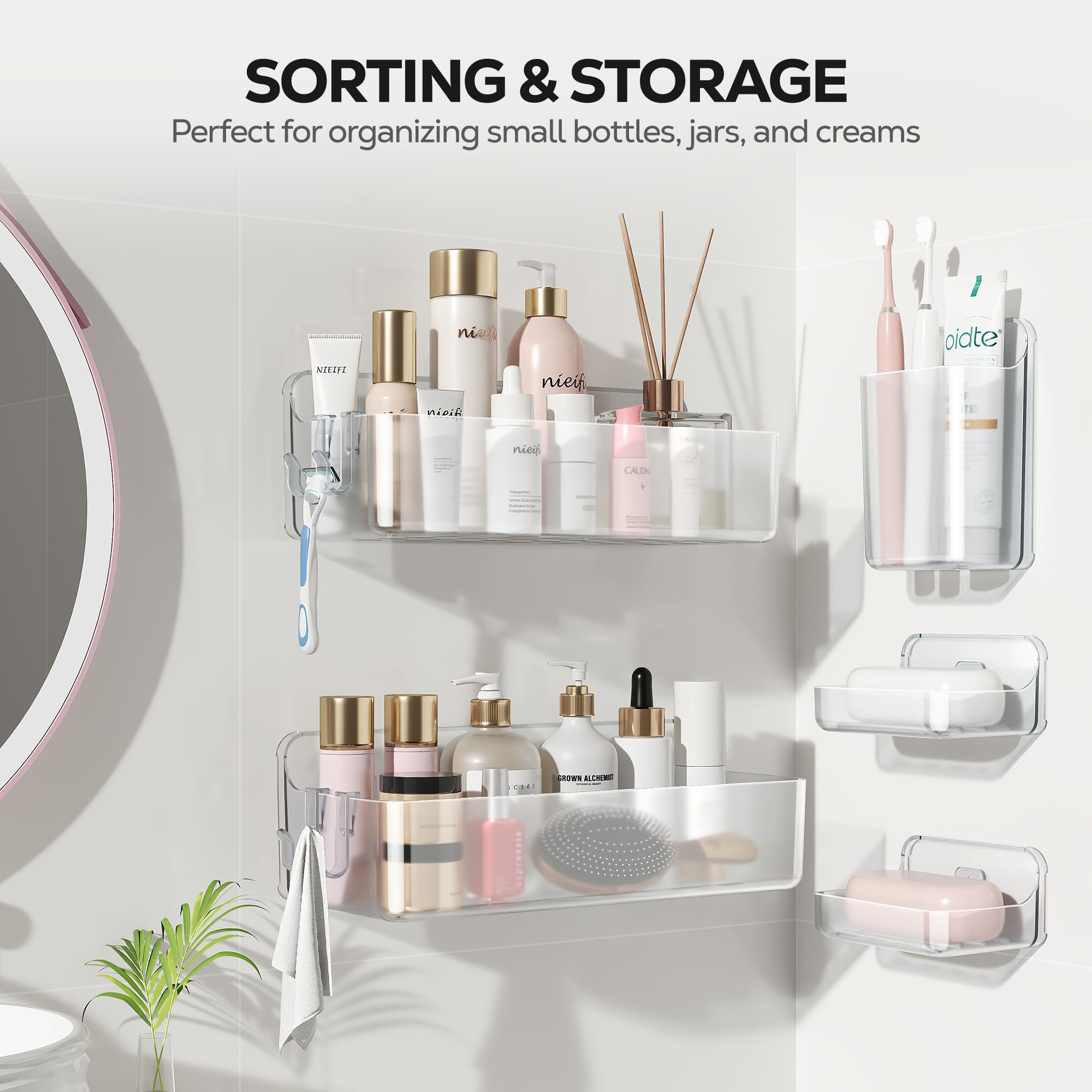 Nieifi 5-in-1 set maximizes bathroom storage and organization.