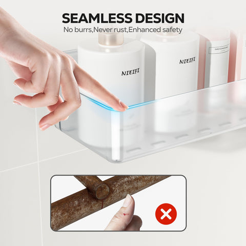 Nieifi adhesive caddy with safety-rounded edges protects hands during showers.