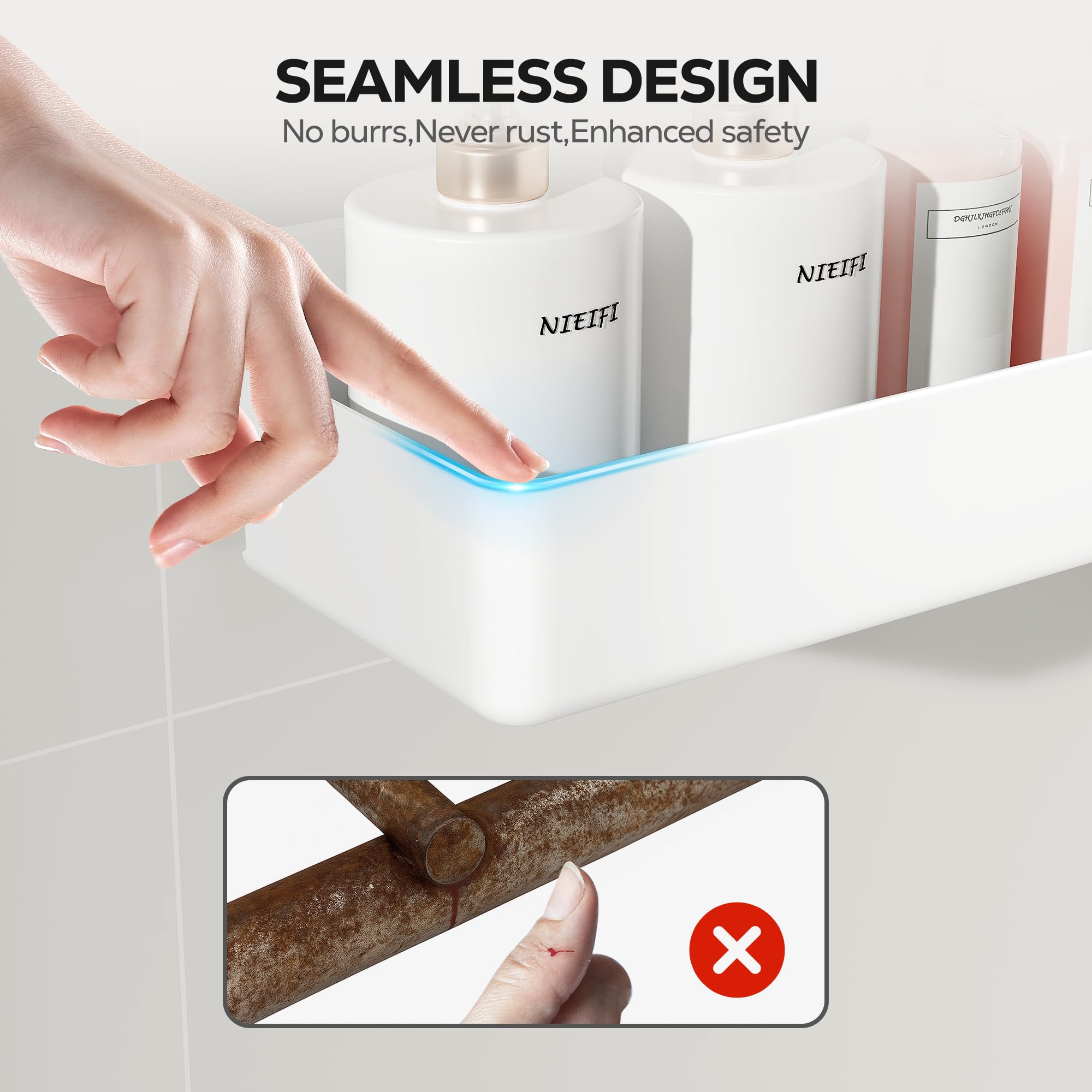 Adhesive mounting by Niefi enables no-drill installation in rental bathrooms.