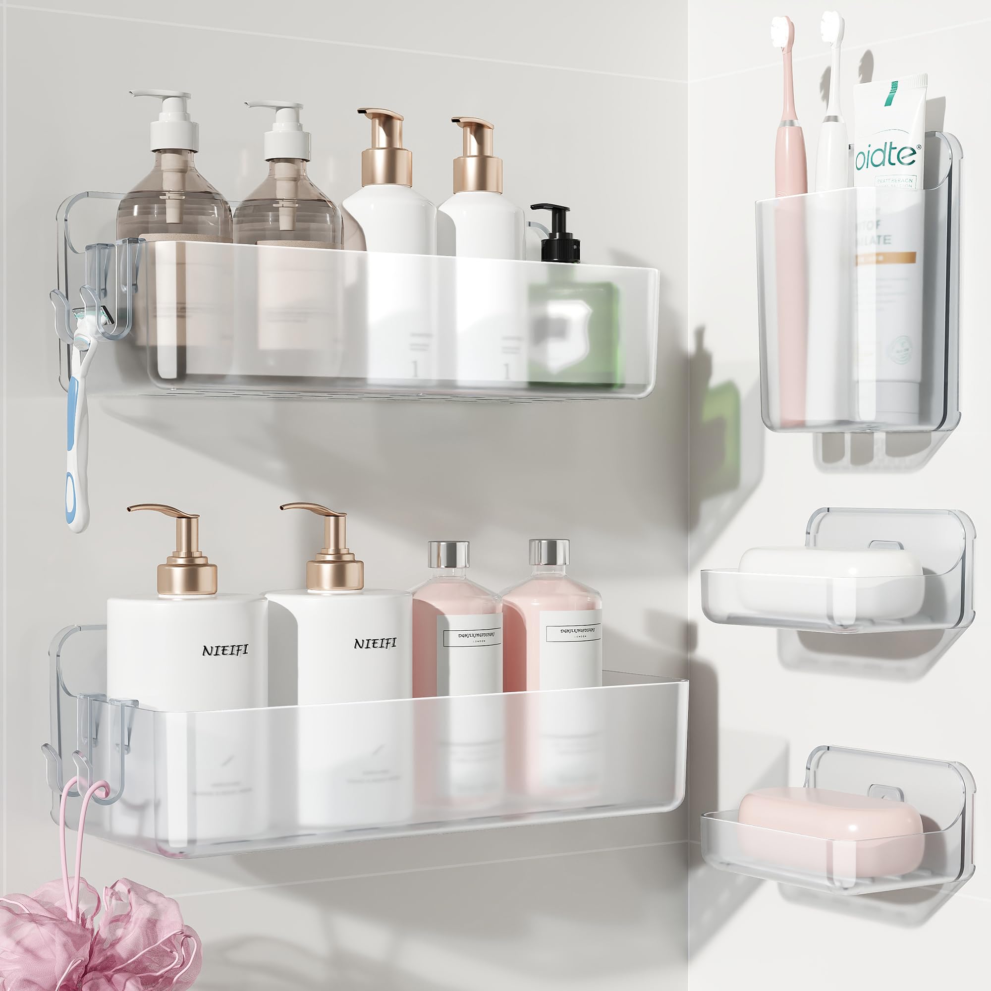 Nieifi adhesive wall shelf in clear finish mounted in bathroom for organized storage.