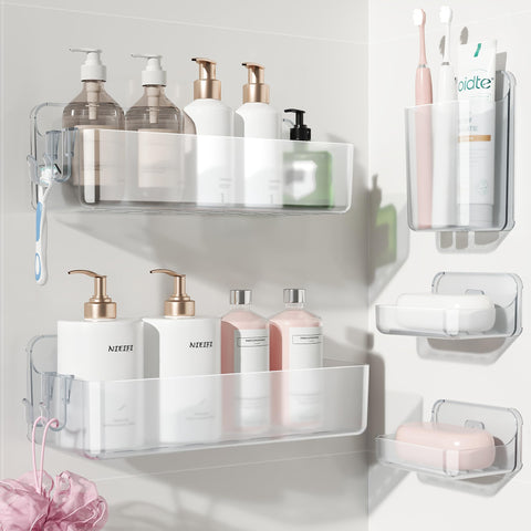 Nieifi adhesive wall shelf in clear finish mounted in bathroom for organized storage.