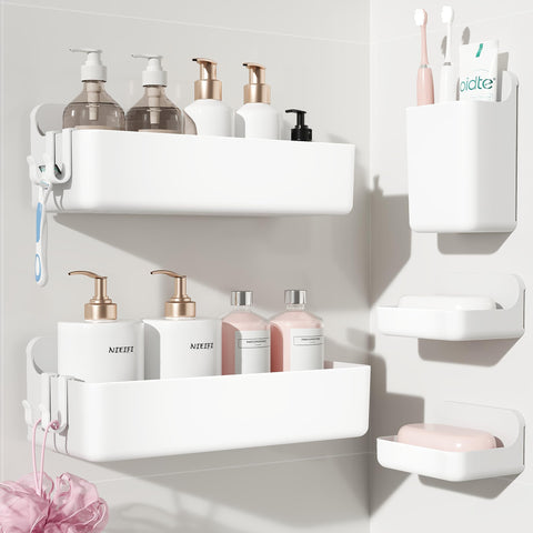 Nieifi adhesive wall shelf white bathroom setup with baskets keeps essentials organized.