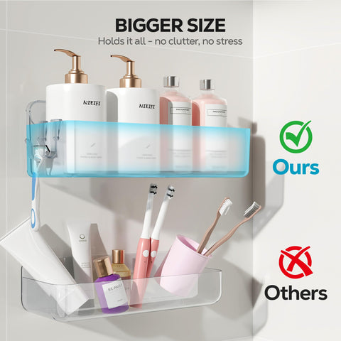 Nieifi clear bathroom shelf saves space while keeping essentials accessible.
