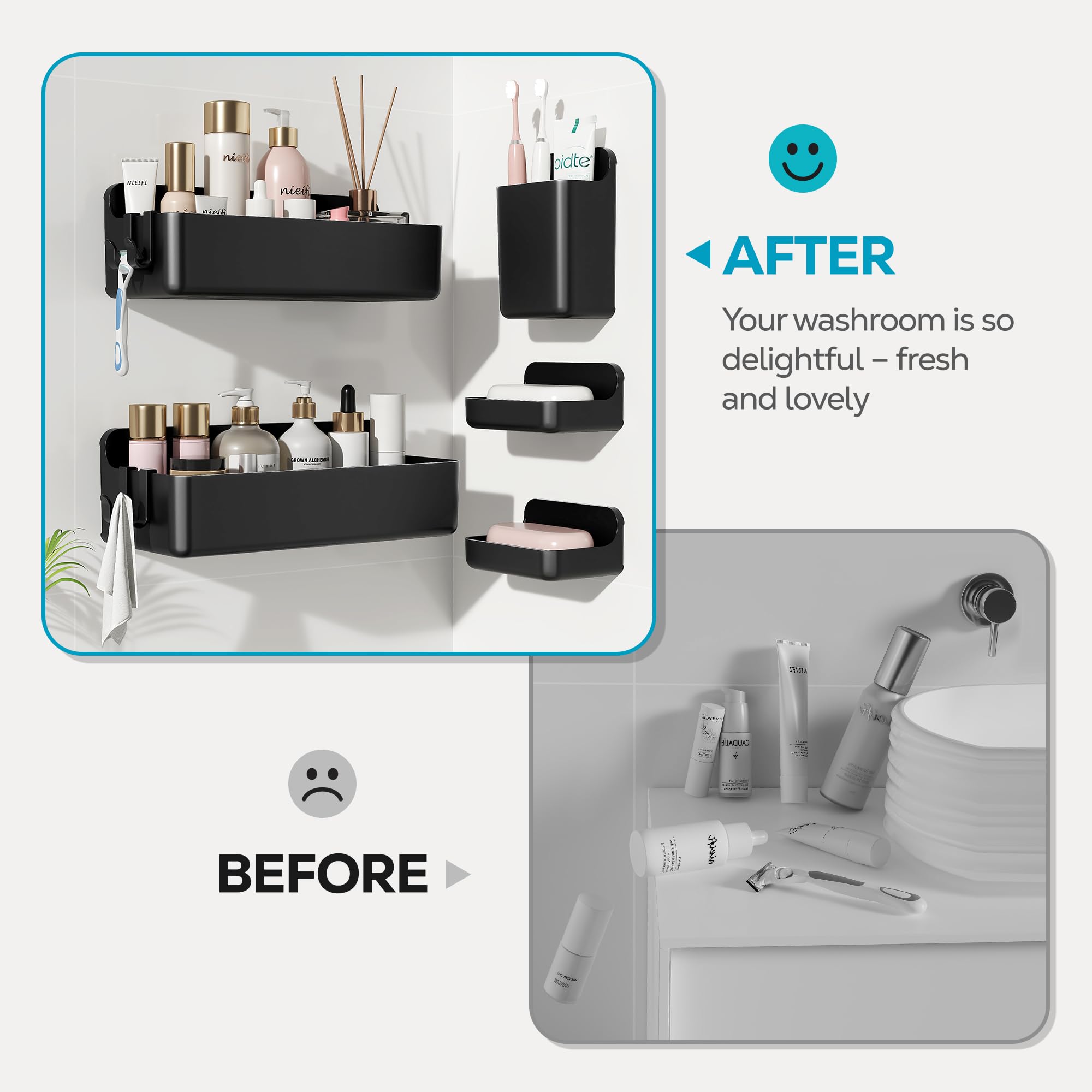 Nieifi Shower Shelves adhesive installation offers damage-free mounting for renters.