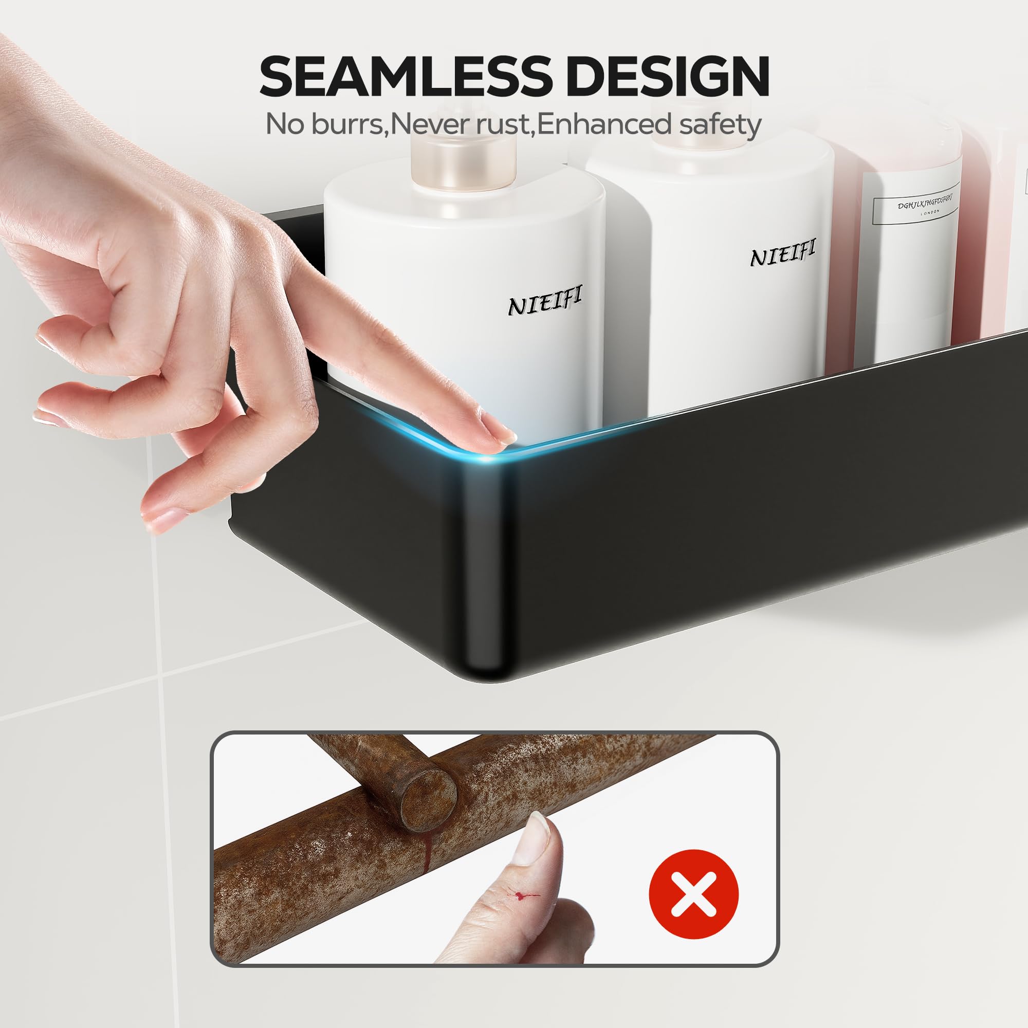 Nieifi Shower Shelves with quick-dry holes promote airflow and clean contents.