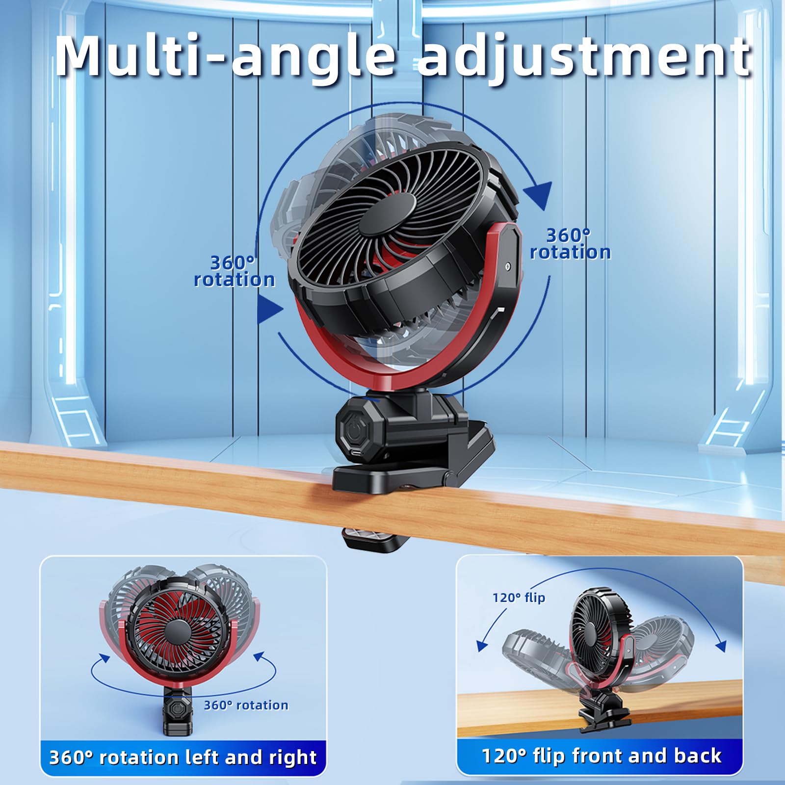 NIFBANG battery-powered clip fan highlights 2000mAh capacity for hours.