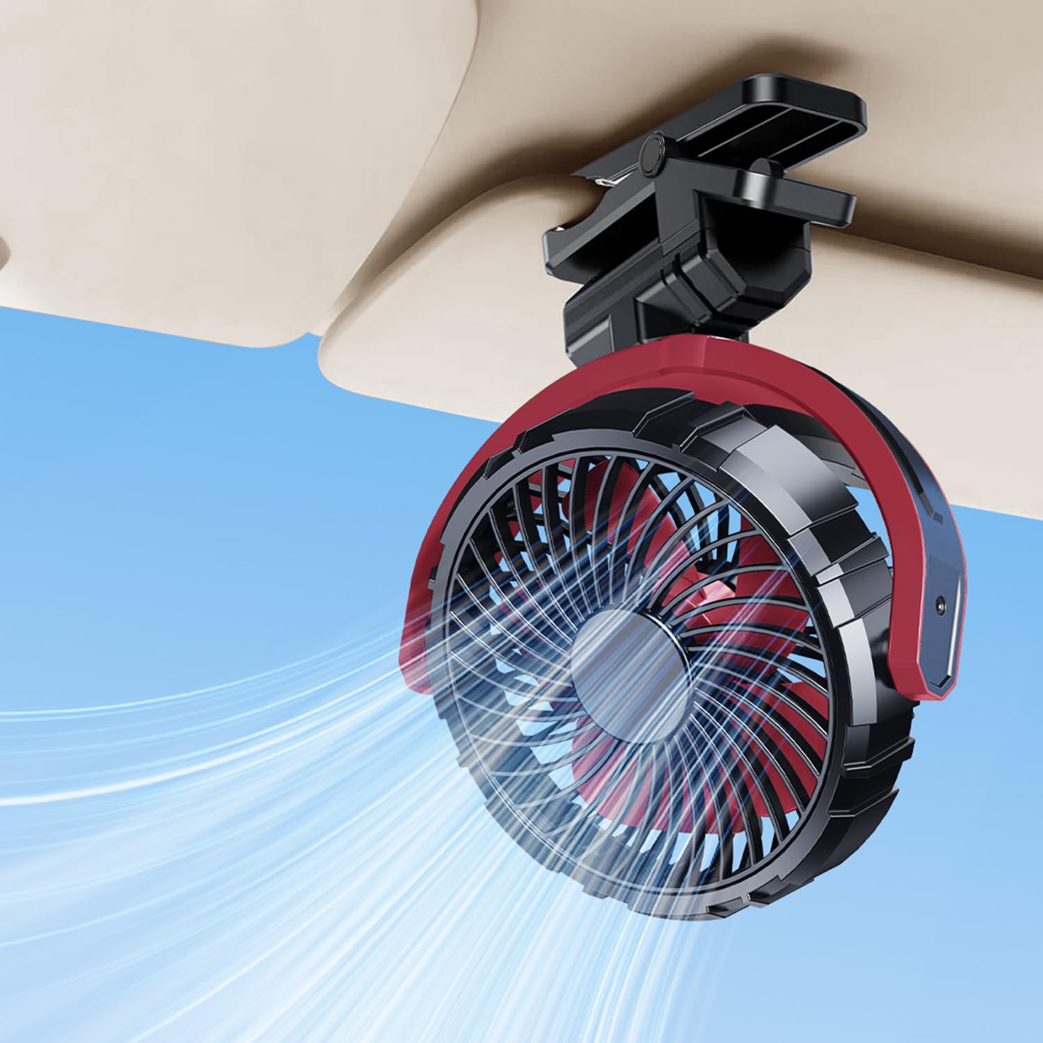 NIFBANG car fan clip-on red secured to sun visor for steady cooling on the go.