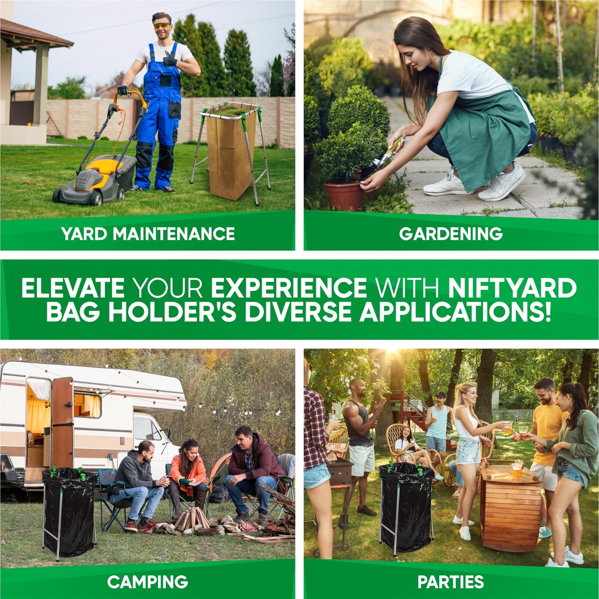 NiftYard 36-inch tall frame accommodates large bags for high-capacity cleanup.