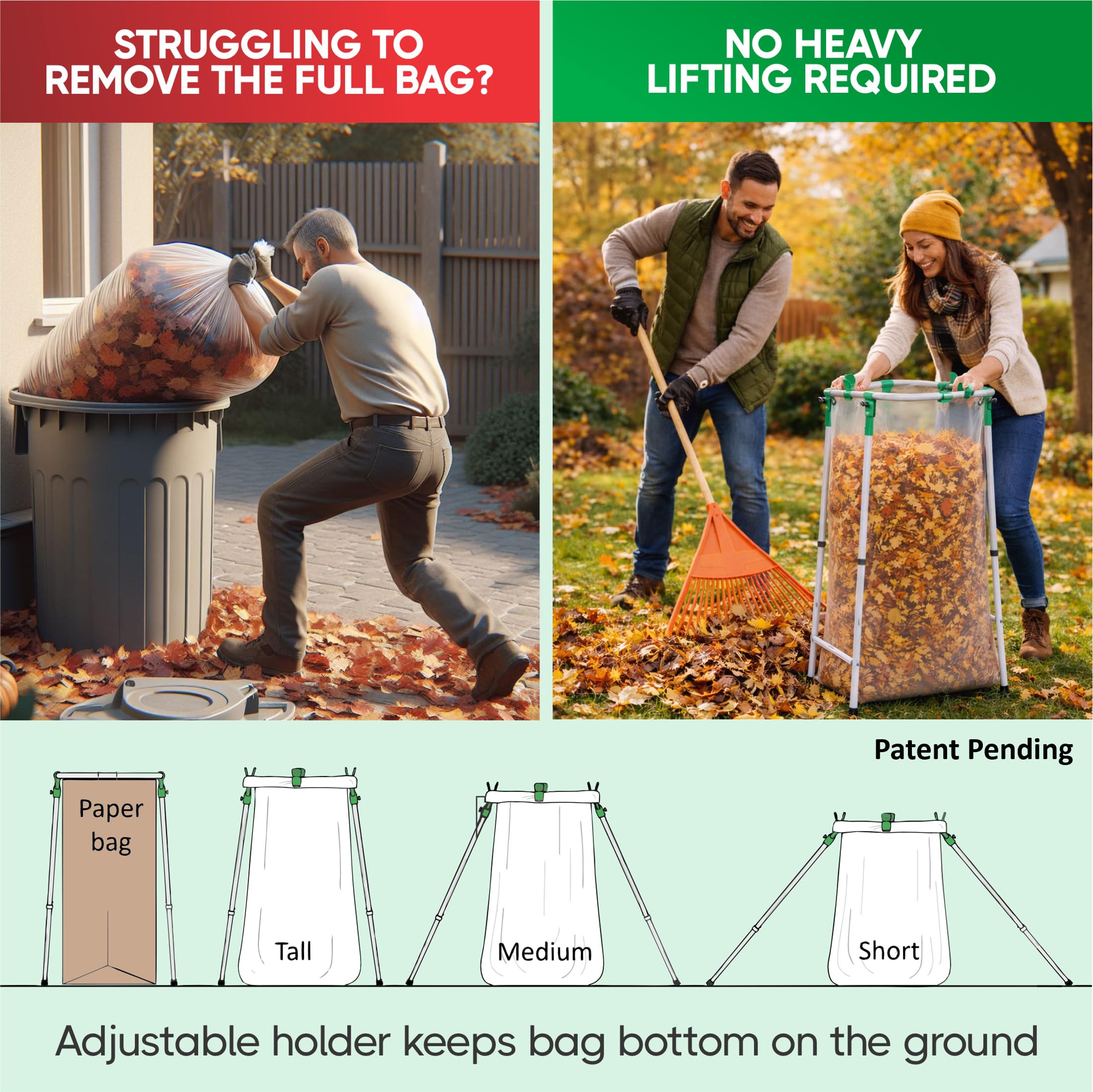 NiftYard bag holder on slope provides stable yard cleanup on uneven ground.