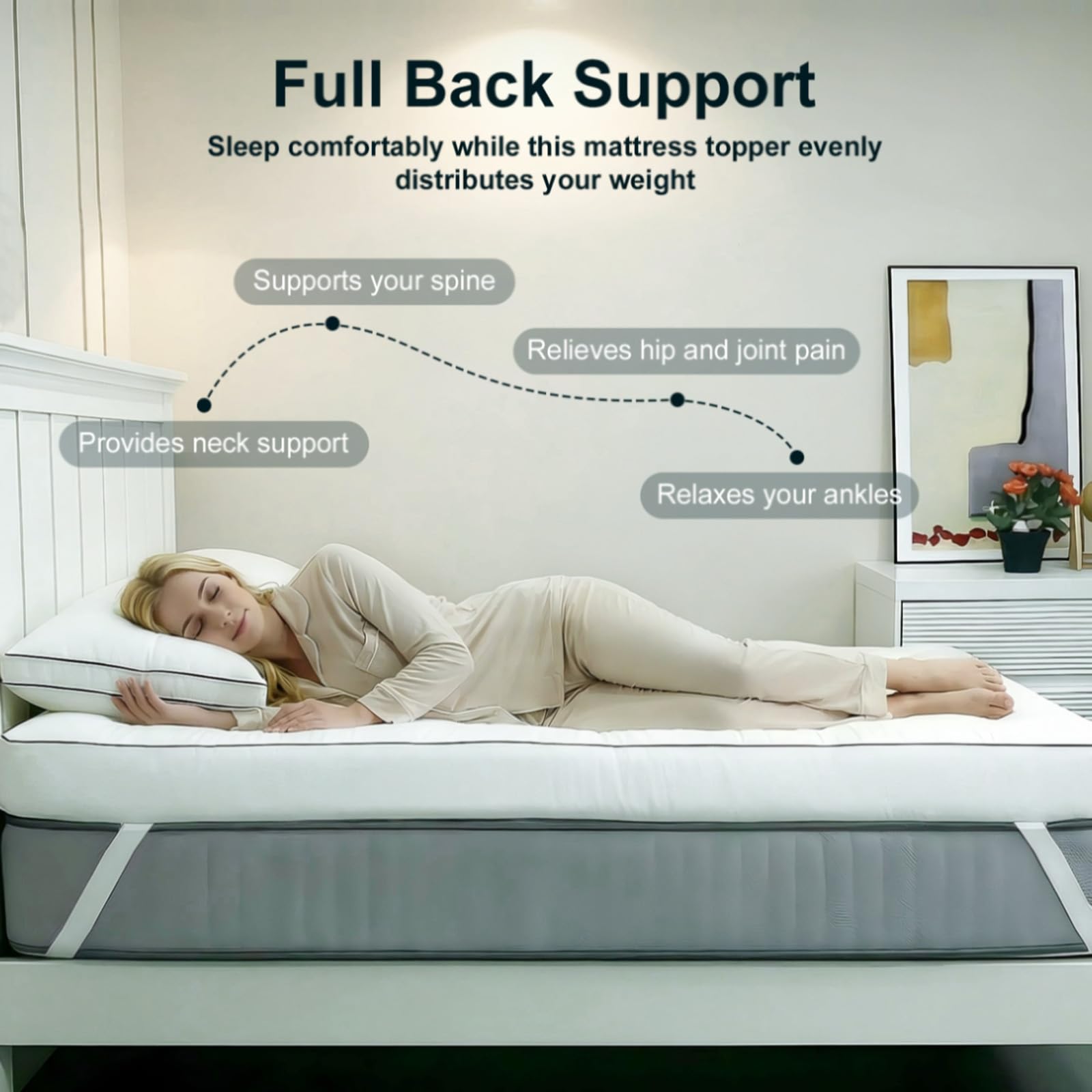 NightHug secure-fit 4-strap system keeps topper flat all night