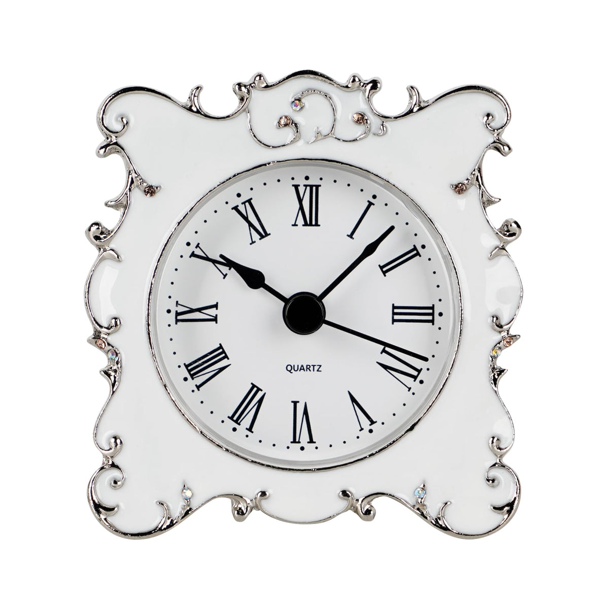 NIKKY HOME pewter clock front view with crystal border adds vintage charm.