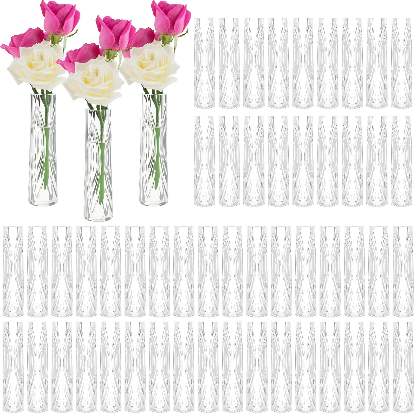 Ninehaoou 50pcs plastic bud vases in bulk, clear, ideal for centerpieces.
