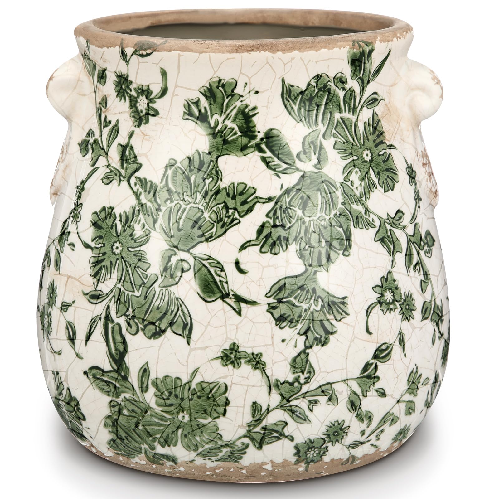 Ninehaoou ceramic planter front view with green scroll pattern and drainage for indoor plants.