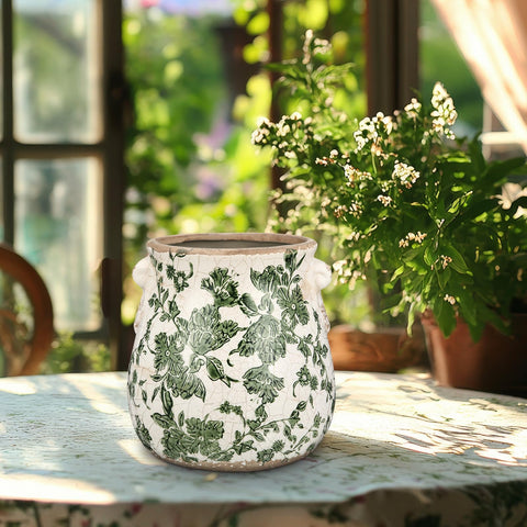 Ninehaoou planter pattern detail highlights vintage chinoiserie floral motif.
