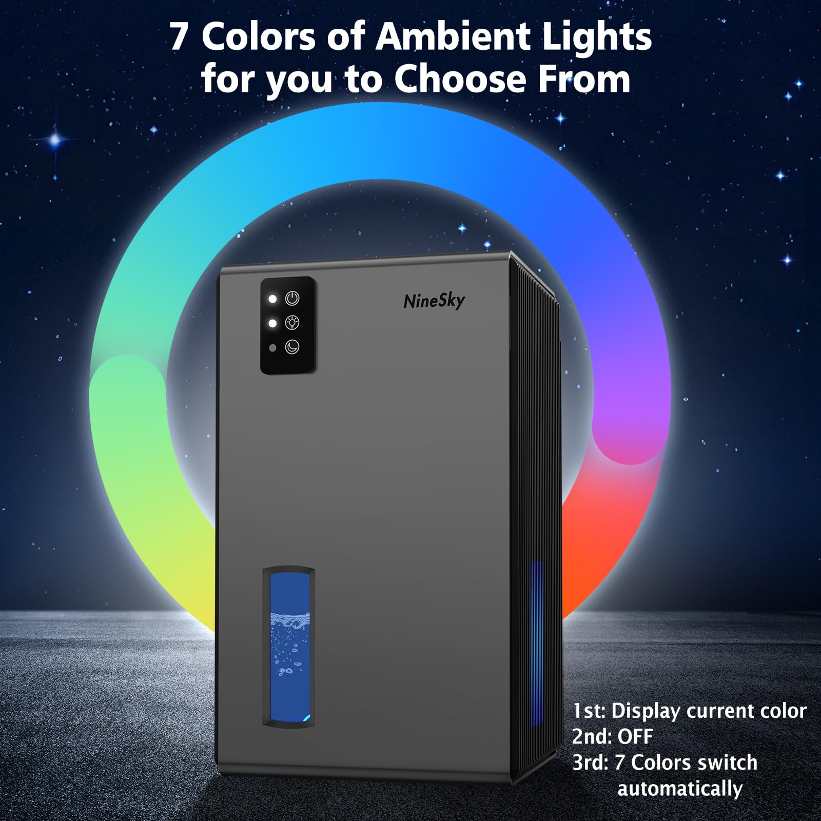 NineSky dehumidifier 7-color LED lights create ambient mood in any room.