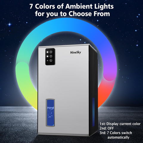 NineSky dehumidifier 7-color ambient LED lights create mood lighting.