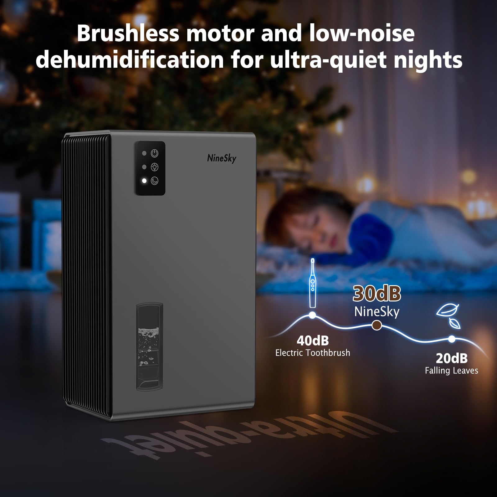 NineSky dehumidifier in a bedroom setup for comfortable air quality.