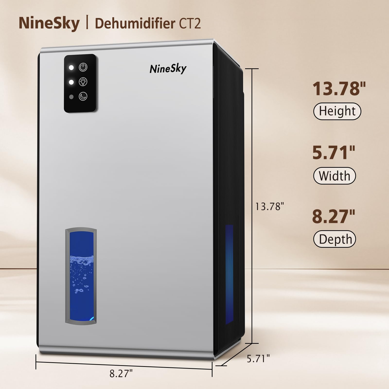 NineSky dehumidifier water tank showing 95oz capacity for extended run time.