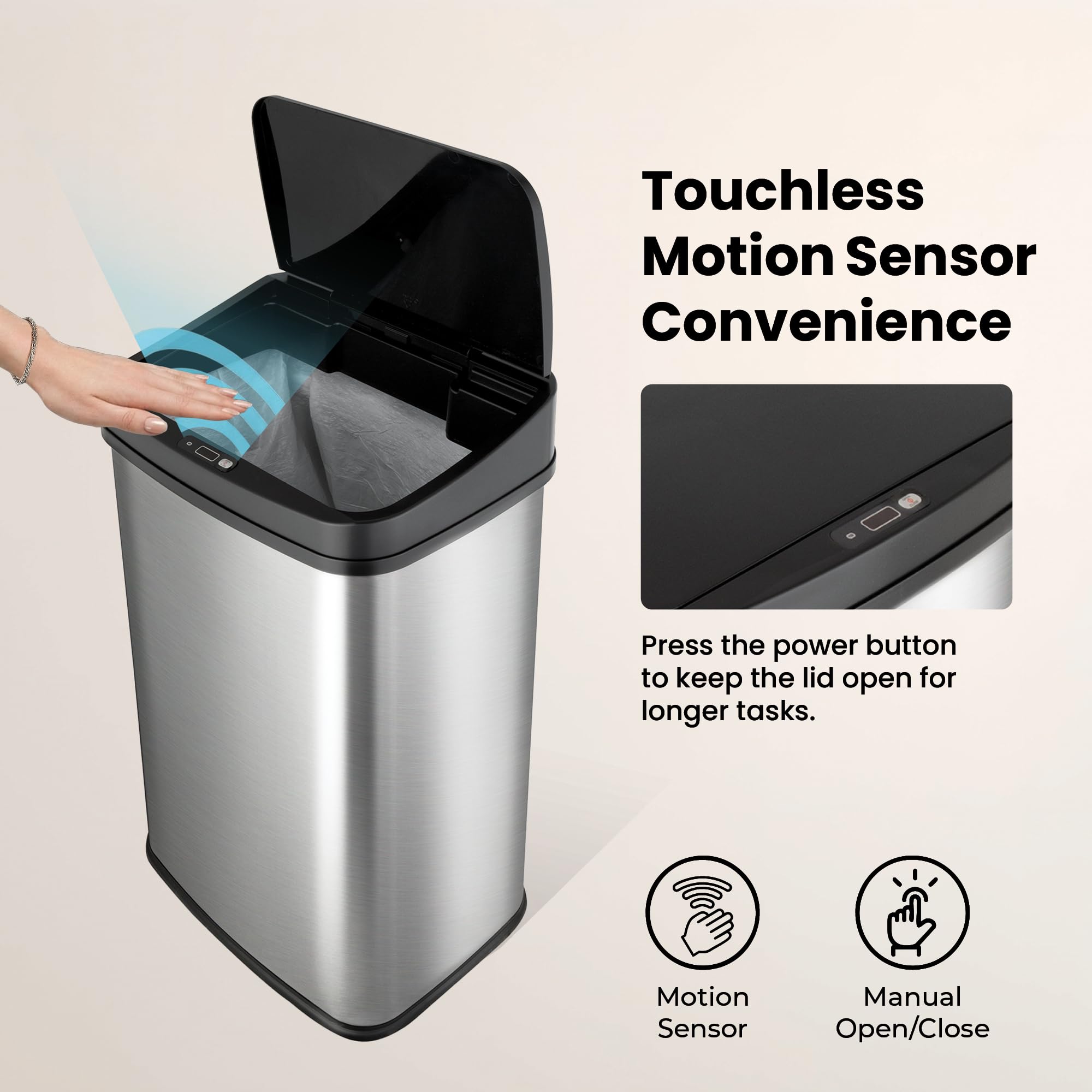 Ninestars motion-sensor lid activation demonstrating automatic opening