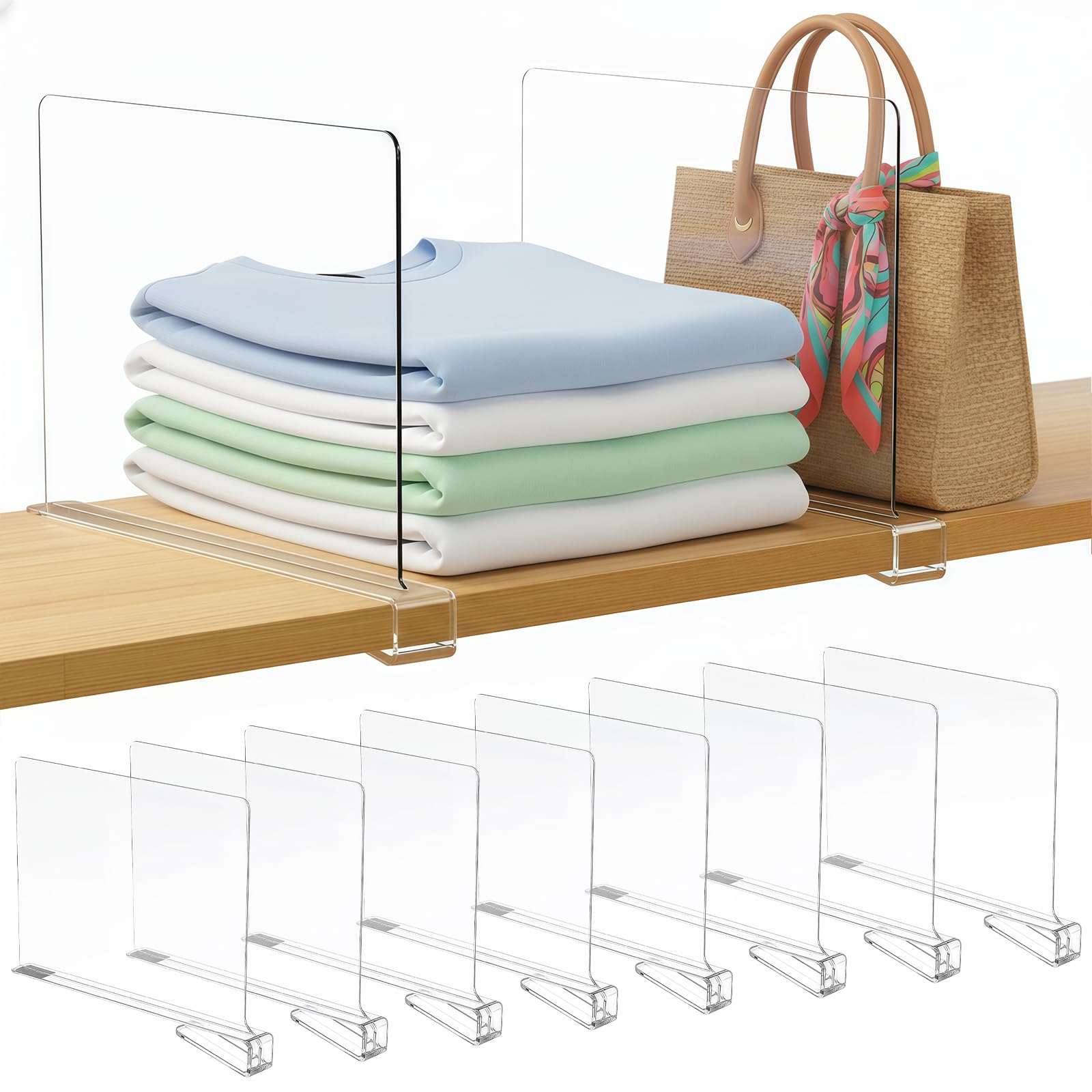 Ninonly 8-pack acrylic shelf dividers on a 12-inch shelf maximize space.