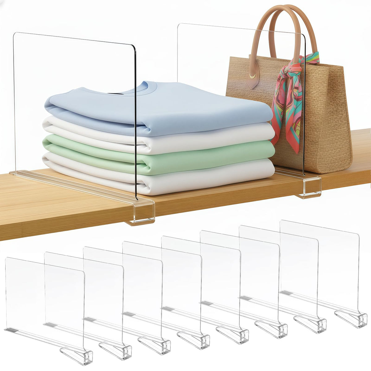 Ninonly 8-pack acrylic shelf dividers on a 12-inch shelf maximize space.