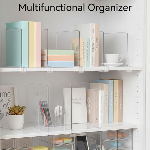 Durable, lightweight Ninonly acrylic dividers on a bookshelf or pantry.