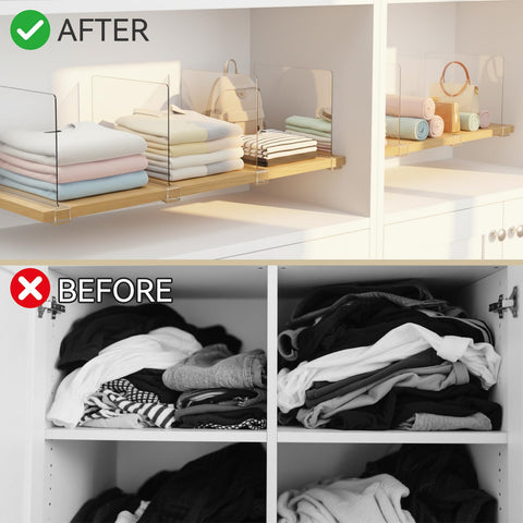 Crystal-clear Ninonly dividers on a closet shelf for quick access.
