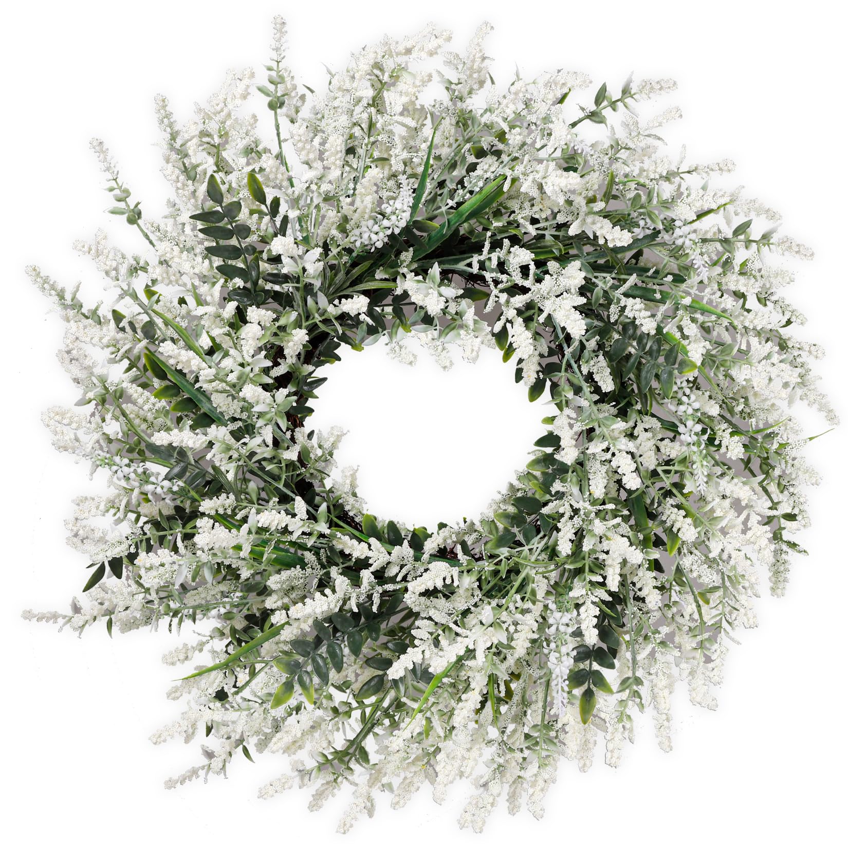 NIOPELO 26-inch lavender and eucalyptus wreath on the front door, boosting curb appeal.