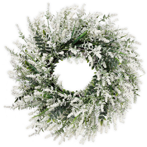 NIOPELO 26-inch lavender and eucalyptus wreath on the front door, boosting curb appeal.