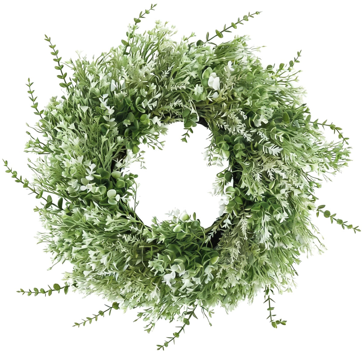 NIOPELO 26-inch eucalyptus wreath on front door adds year-round greenery.