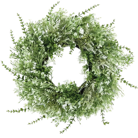 NIOPELO 26-inch eucalyptus wreath on front door adds year-round greenery.